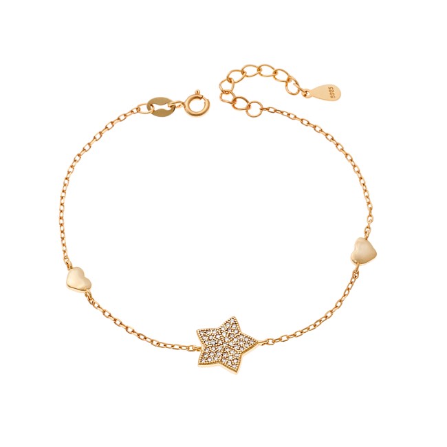 Βραχιόλι Γυναικείο Senza από επιχρυσωμένο ασήμι 925, αστέρι με λευκά ζιργκόν και διπλή καρδιά - SSR4157GD