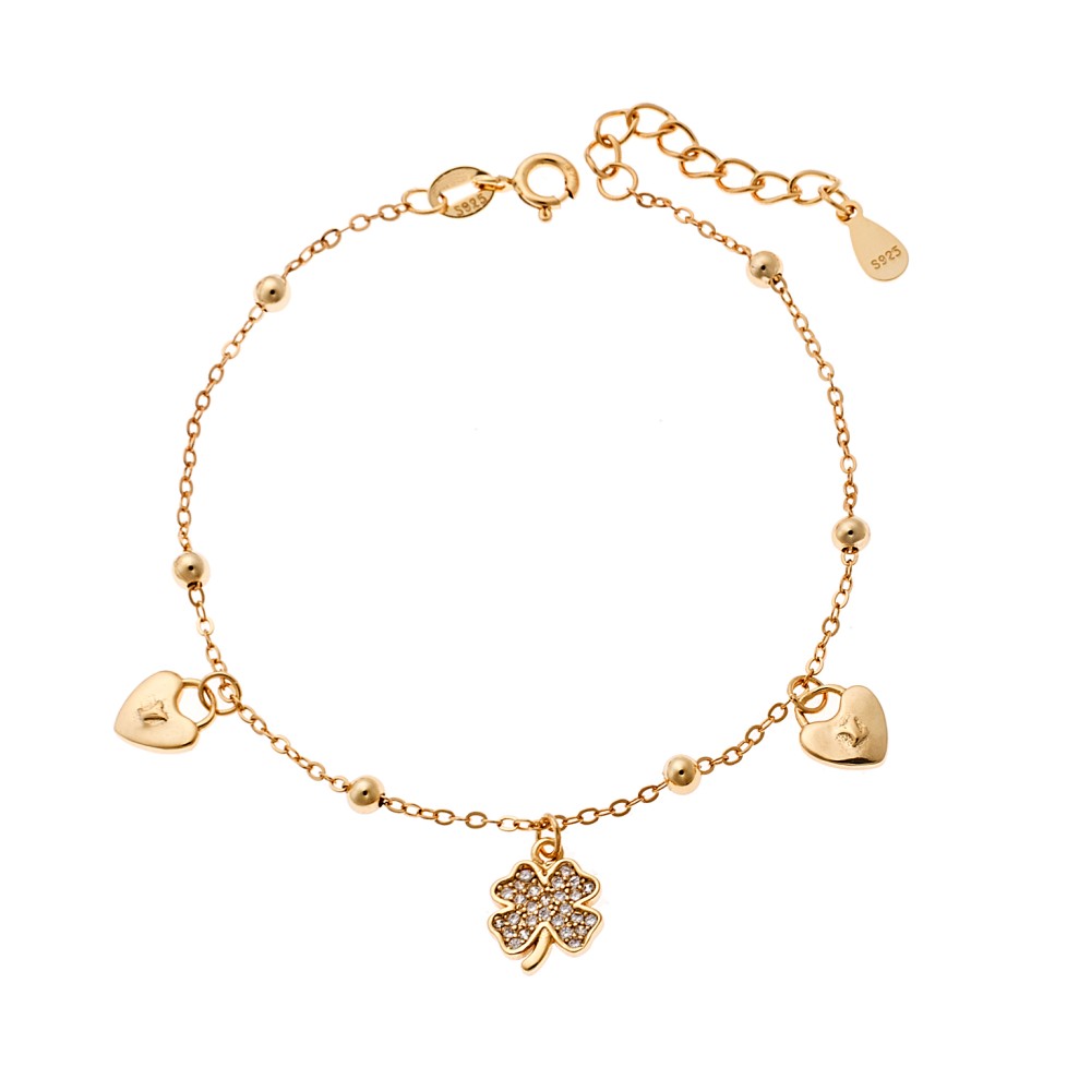 Βραχιόλι Γυναικείο Senza από επιχρυσωμένο ασήμι 925, τριφύλλι με λευκά ζιργκόν και διπλή καρδιά - SSR4160GD