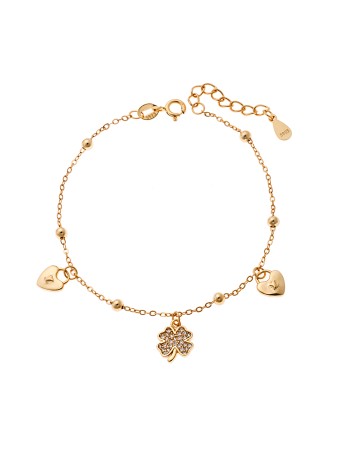 Βραχιόλι Γυναικείο Senza από επιχρυσωμένο ασήμι 925, τριφύλλι με λευκά ζιργκόν και διπλή καρδιά - SSR4160GD