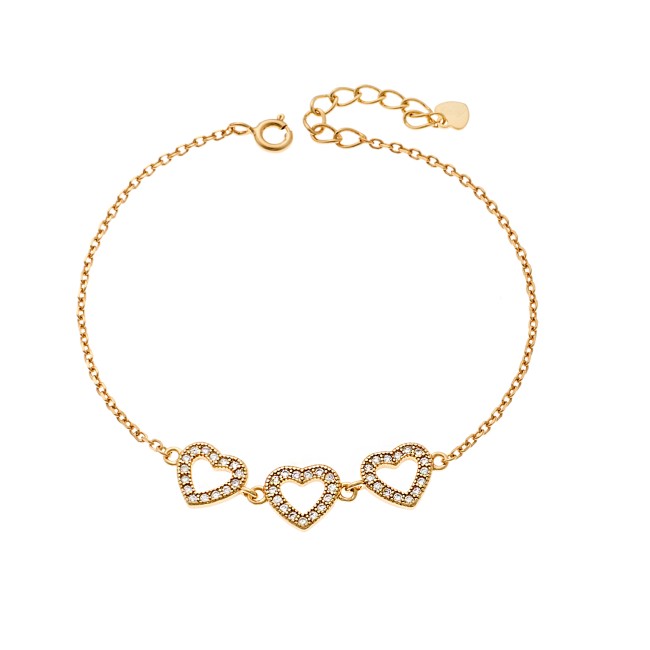 Βραχιόλι Γυναικείο Senza από επιχρυσωμένο ασήμι 925, τριπλή καρδιά με λευκά ζιργκόν - SSR4168GD