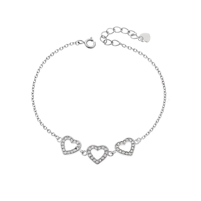 Βραχιόλι Γυναικείο Senza από ασήμι 925, τριπλή καρδιά με λευκά ζιργκόν - SSR4168SR
