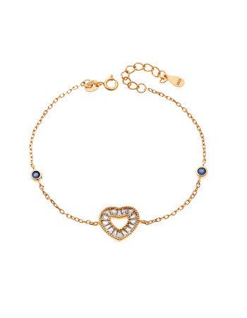Βραχιόλι Γυναικείο Senza από επιχρυσωμένο ασήμι 925, καρδιά με λευκά ζιργκόν και διπλή μπλε πέτρα - SSR4169GBL