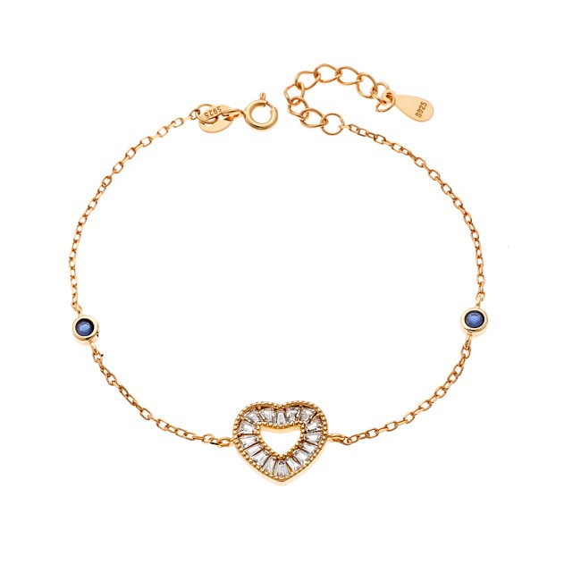 Βραχιόλι Γυναικείο Senza από επιχρυσωμένο ασήμι 925, καρδιά με λευκά ζιργκόν και διπλή μπλε πέτρα - SSR4169GBL