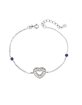 Βραχιόλι Γυναικείο Senza από ασήμι 925, καρδιά με λευκά ζιργκόν και διπλή μπλε πέτρα - SSR4169SBL