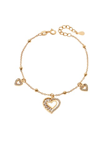 Βραχιόλι Γυναικείο Senza από επιχρυσωμένο ασήμι 925, τριπλή κρεμαστή καρδιά με λευκά ζιργκόν - SSR4170GD