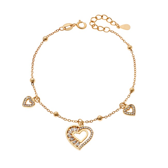 Βραχιόλι Γυναικείο Senza από επιχρυσωμένο ασήμι 925, τριπλή κρεμαστή καρδιά με λευκά ζιργκόν - SSR4170GD
