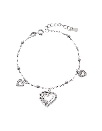 Βραχιόλι Γυναικείο Senza από ασήμι 925, τριπλή κρεμαστή καρδιά με λευκά ζιργκόν - SSR4170SR