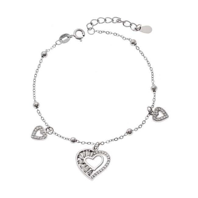 Βραχιόλι Γυναικείο Senza από ασήμι 925, τριπλή κρεμαστή καρδιά με λευκά ζιργκόν - SSR4170SR