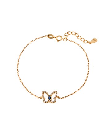 Βραχιόλι Γυναικείο Senza από επιχρυσωμένο ασήμι 925, πεταλούδα με λευκά ζιργκόν και μπλε πέτρα - SSR4171GBL