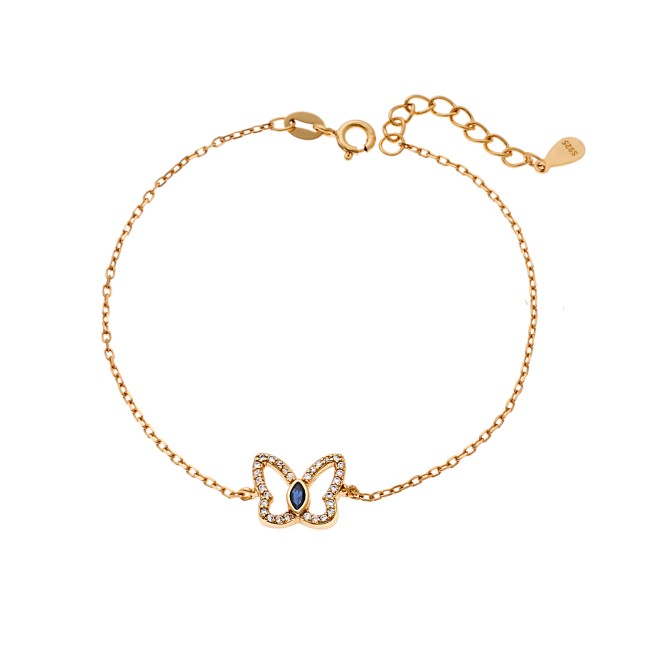 Βραχιόλι Γυναικείο Senza από επιχρυσωμένο ασήμι 925, πεταλούδα με λευκά ζιργκόν και μπλε πέτρα - SSR4171GBL