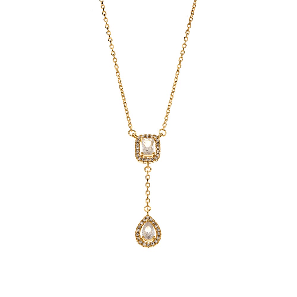Κολιέ Senza από επιχρυσωμένο ασήμι 925, παραλληλόγραμμο και δάκρυ με λευκά ζιργκόν - SSR4176GD