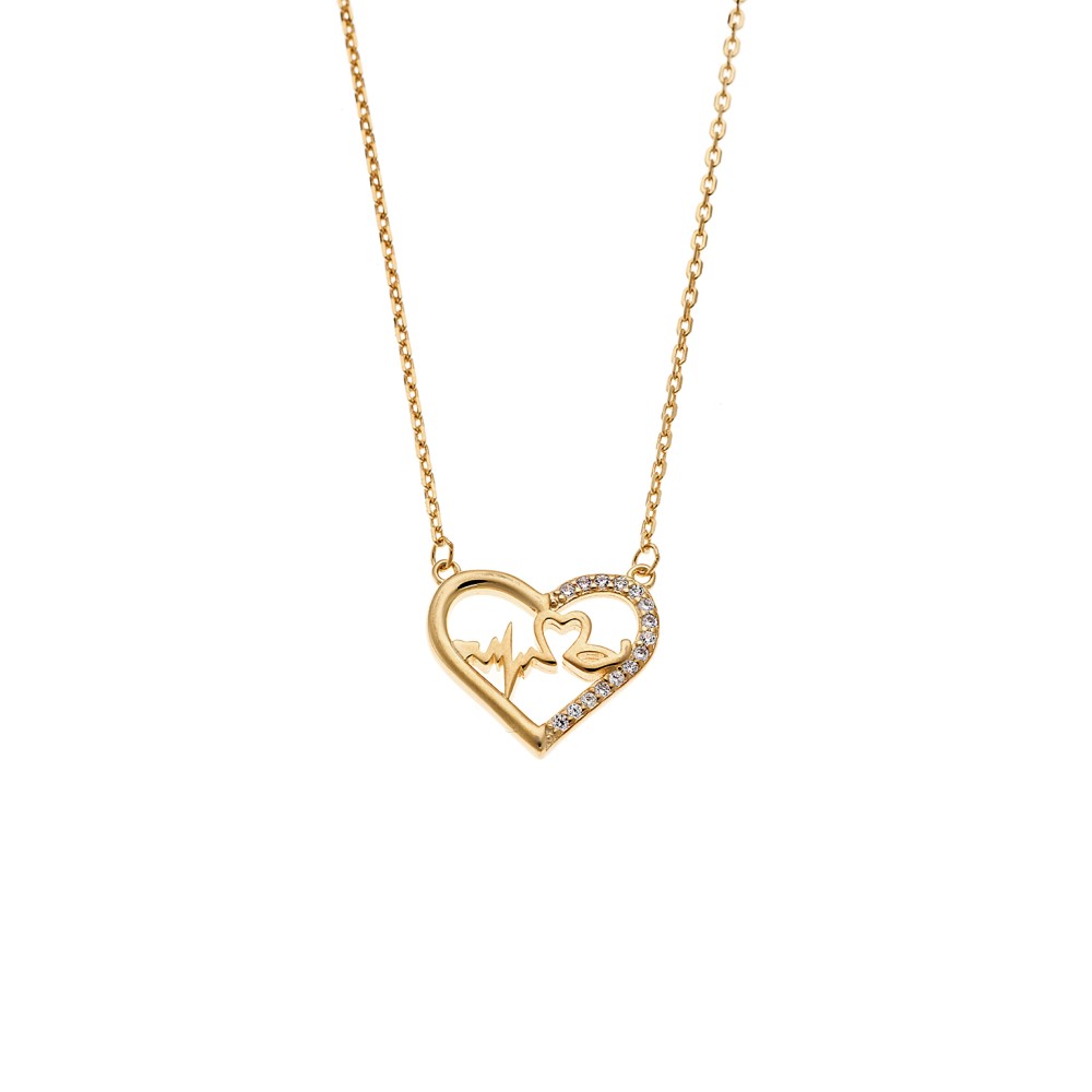 Κολιέ Senza από επιχρυσωμένο ασήμι 925, καρδιά με καρδιογράφημα και λευκά ζιργκόν - SSR4180GD