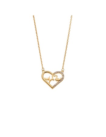 Κολιέ Senza από επιχρυσωμένο ασήμι 925, καρδιά με καρδιογράφημα και λευκά ζιργκόν - SSR4180GD