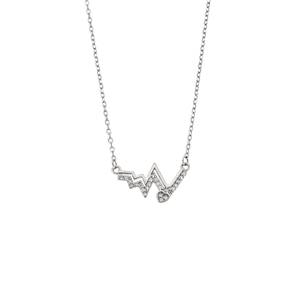 Κολιέ Senza από ασήμι 925, καρδιογράφημα και λευκά ζιργκόν - SSR4181SR