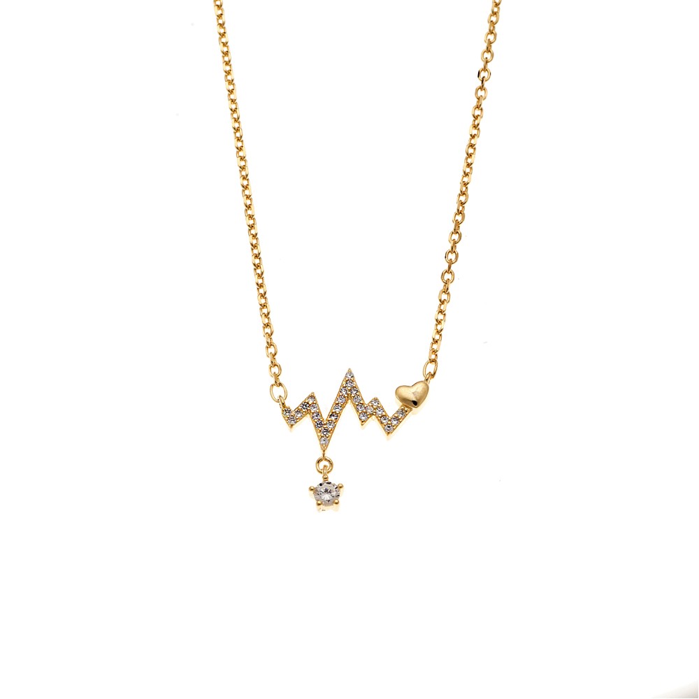 Κολιέ Senza από επιχρυσωμένο ασήμι 925, καρδιογράφημα με λευκά ζιργκόν - SSR4182GD