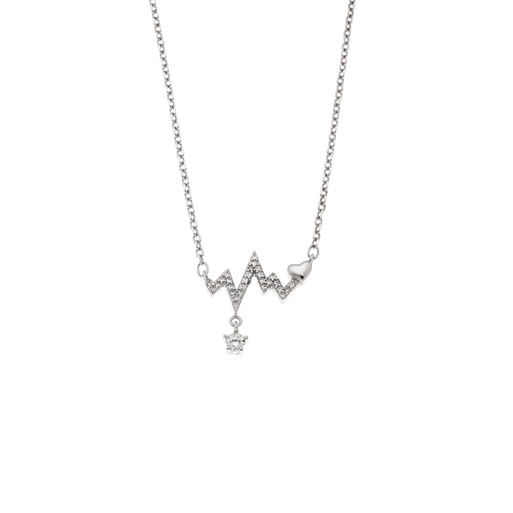 Κολιέ Senza από ασήμι 925, καρδιογράφημα με λευκά ζιργκόν - SSR4182SR