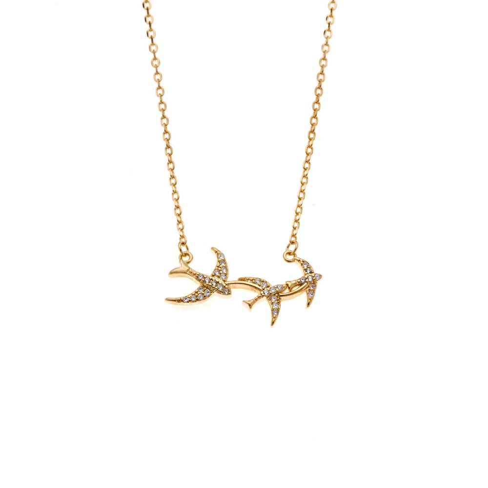 Κολιέ Senza από επιχρυσωμένο ασήμι 925, χελιδόνια με λευκά ζιργκόν - SSR4195GD