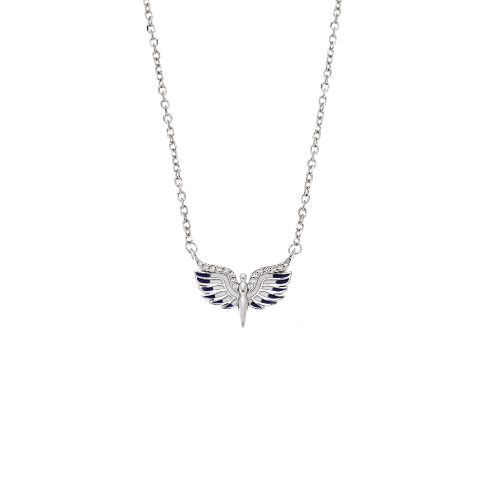 Κολιέ Senza από ασήμι 925, άγγελος με λευκά ζιργκόν και λευκά/μπλε φτερά - SSR4196SR