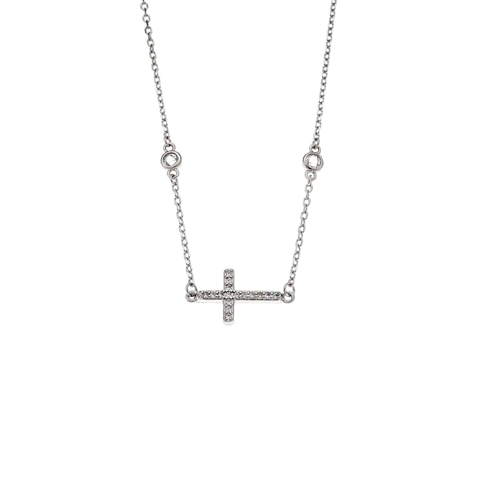 Κολιέ Senza από ασήμι 925, Σταυρός πλαγιαστός με λευκά ζιργκόν - SSR4199SR