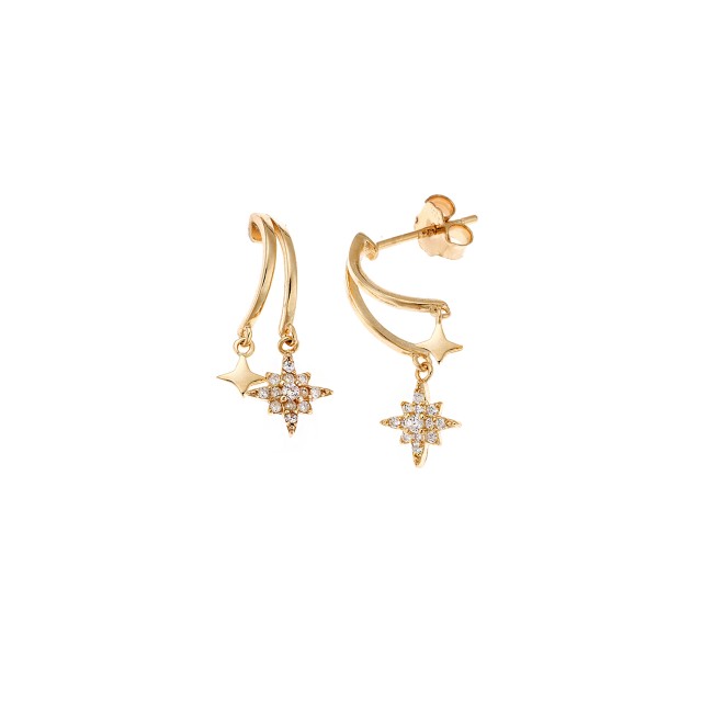 Σκουλαρίκια Senza από επιχρυσωμένο ασήμι 925, κρικάκι με κρεμαστά αστέρια και λευκά ζιργκόν - SSR4247GD