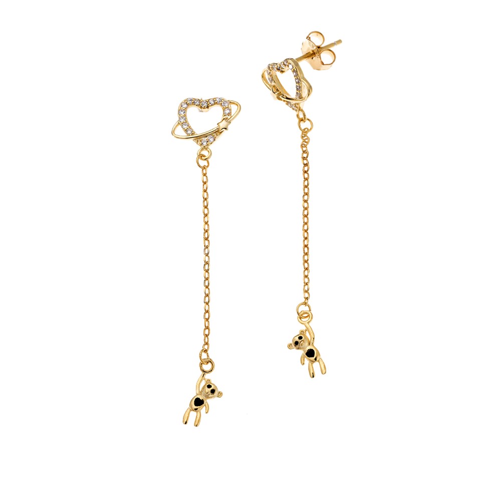 Σκουλαρίκια Senza από επιχρυσωμένο ασήμι 925, κρεμαστό αρκουδάκι και καρδούλα με λευκά ζιργκόν - SSR4254GD