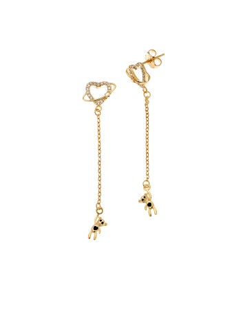 Σκουλαρίκια Senza από επιχρυσωμένο ασήμι 925, κρεμαστό αρκουδάκι και καρδούλα με λευκά ζιργκόν - SSR4254GD