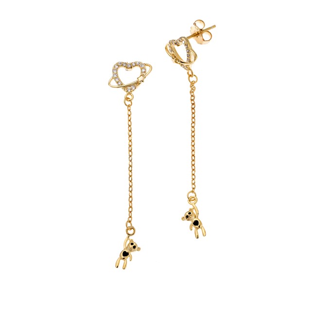 Σκουλαρίκια Senza από επιχρυσωμένο ασήμι 925, κρεμαστό αρκουδάκι και καρδούλα με λευκά ζιργκόν - SSR4254GD