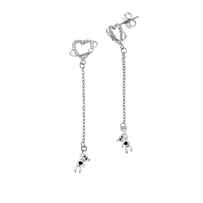 Σκουλαρίκια Senza από ασήμι 925, κρεμαστό αρκουδάκι και καρδούλα με λευκά ζιργκόν - SSR4254SR