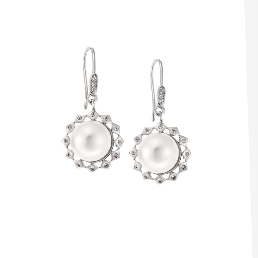 Σκουλαρίκια SENZA ασήμι 925, με μαργαριτάρι και λευκά ζιργκόν - SSR4267SR