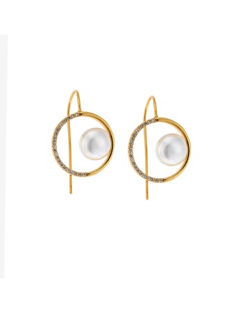 Σκουλαρίκια SENZA επιχρυσωμένο ασήμι 925, κύκλος με μαργαριτάρι και λευκά ζιργκόν - SSR4268GD