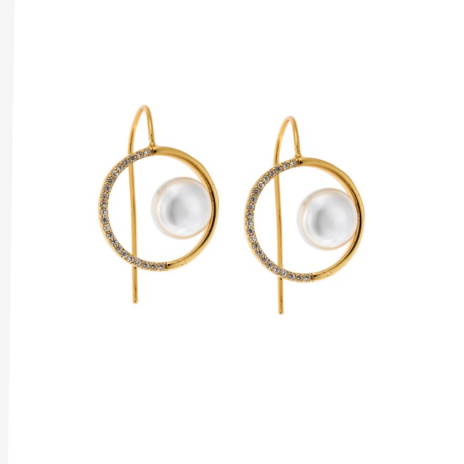 Σκουλαρίκια SENZA επιχρυσωμένο ασήμι 925, κύκλος με μαργαριτάρι και λευκά ζιργκόν - SSR4268GD