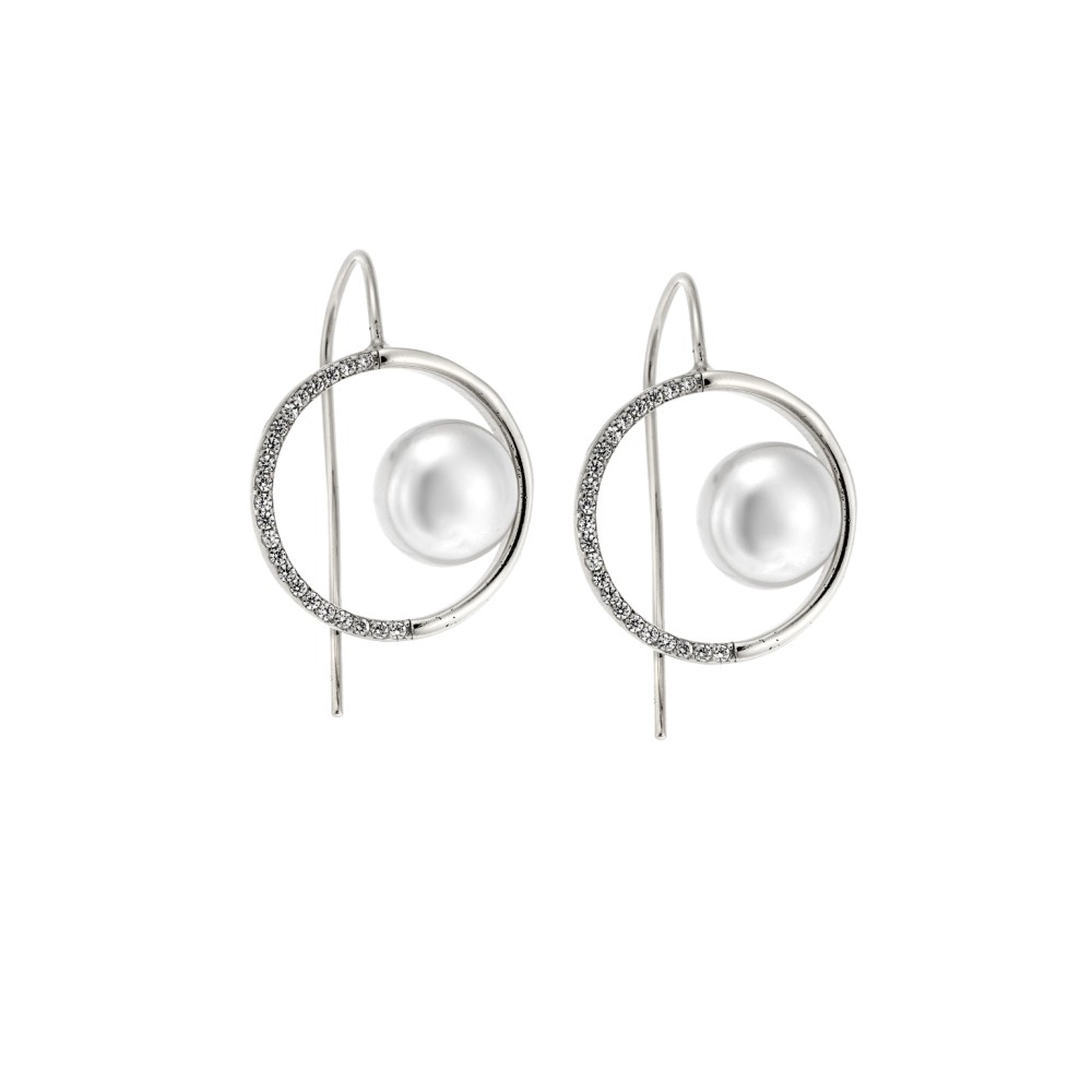 Σκουλαρίκια SENZA ασήμι 925, κύκλος με μαργαριτάρι και λευκά ζιργκόν - SSR4268SR