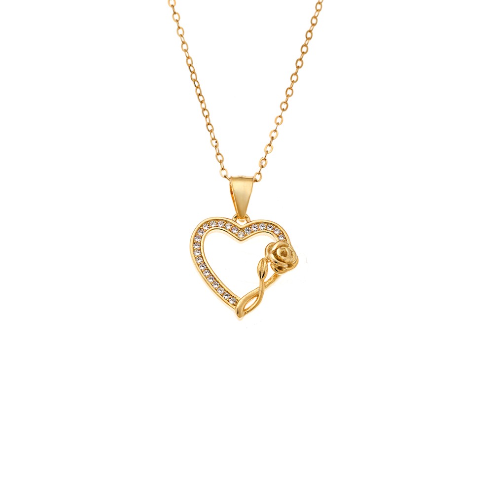 Μενταγιόν Senza από επιχρυσωμένο ασήμι 925, Περίγραμμα Καρδιάς με Ζιργκόν και Τριαντάφυλλο - SSR4317GD