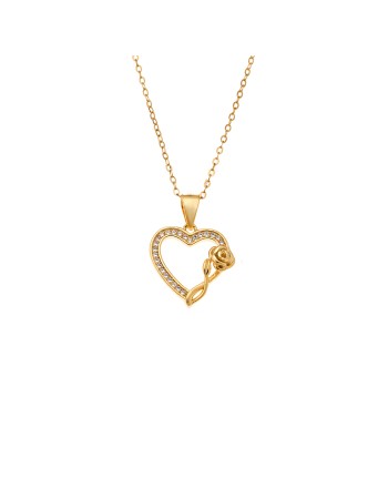 Μενταγιόν Senza από επιχρυσωμένο ασήμι 925, Περίγραμμα Καρδιάς με Ζιργκόν και Τριαντάφυλλο - SSR4317GD