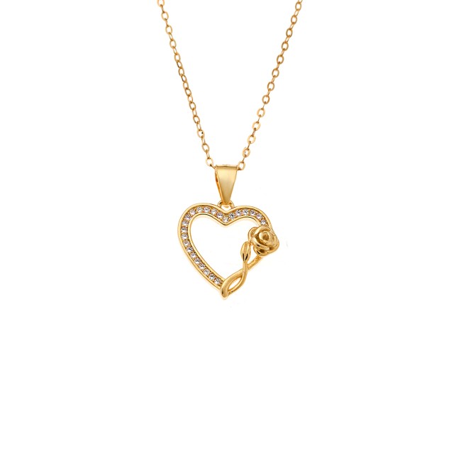 Μενταγιόν Senza από επιχρυσωμένο ασήμι 925, Περίγραμμα Καρδιάς με Ζιργκόν και Τριαντάφυλλο - SSR4317GD