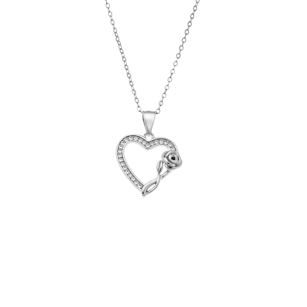 Μενταγιόν Senza από ασήμι 925, Περίγραμμα Καρδιάς με Ζιργκόν και Τριαντάφυλλο - SSR4317SR