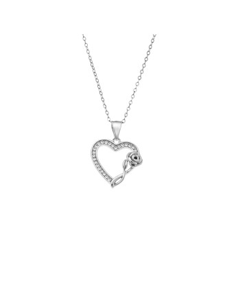 Μενταγιόν Senza από ασήμι 925, Περίγραμμα Καρδιάς με Ζιργκόν και Τριαντάφυλλο - SSR4317SR