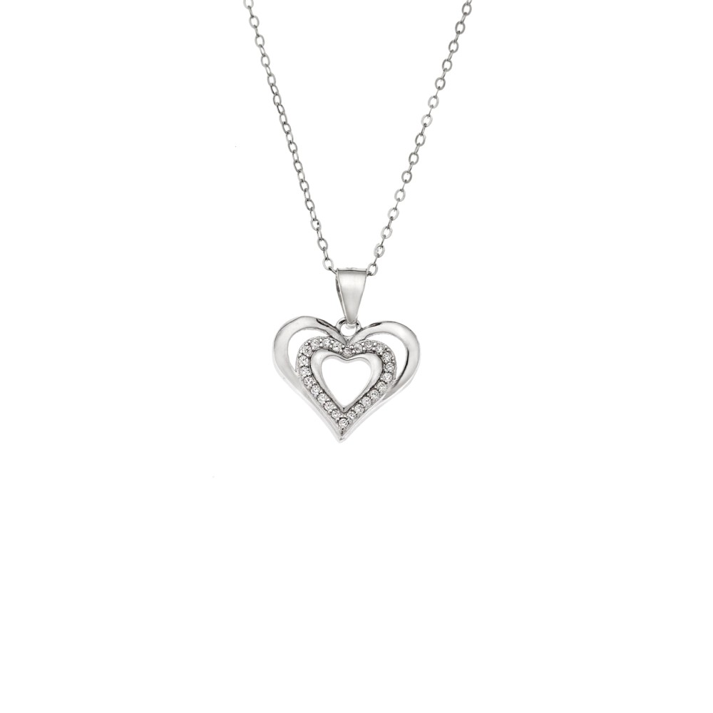 Κολιέ SENZA Rhodium Plated Ασήμι 925 Καρδιά Διπλή με Ζιργκόν - SSR4393SR