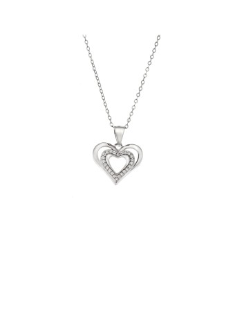 Κολιέ SENZA Rhodium Plated Ασήμι 925 Καρδιά Διπλή με Ζιργκόν - SSR4393SR