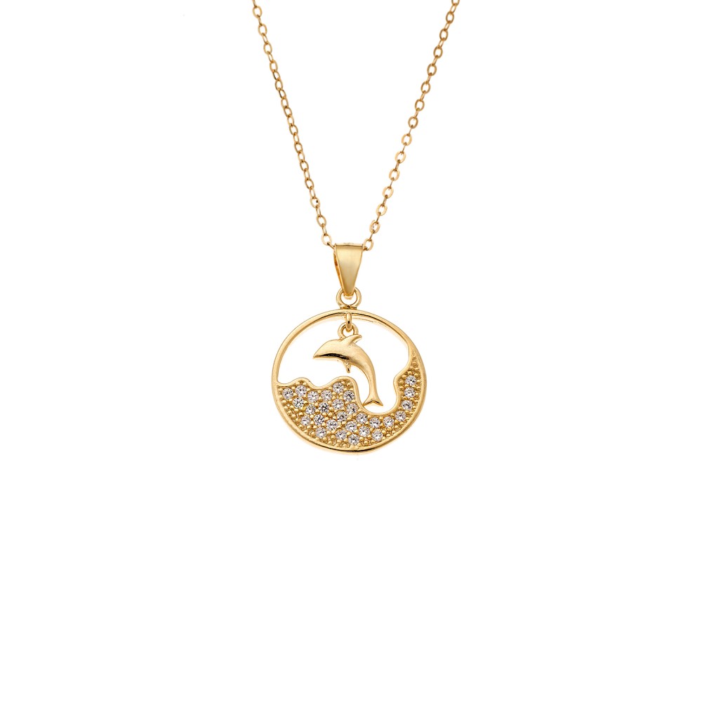 Κολιέ SENZA Gold Plated Ασήμι 925 Δελφίνι σε Κύκλο με Ζιργκόν - SSR4402GD