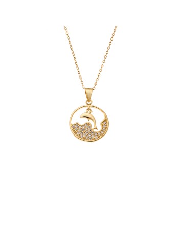 Κολιέ SENZA Gold Plated Ασήμι 925 Δελφίνι σε Κύκλο με Ζιργκόν - SSR4402GD