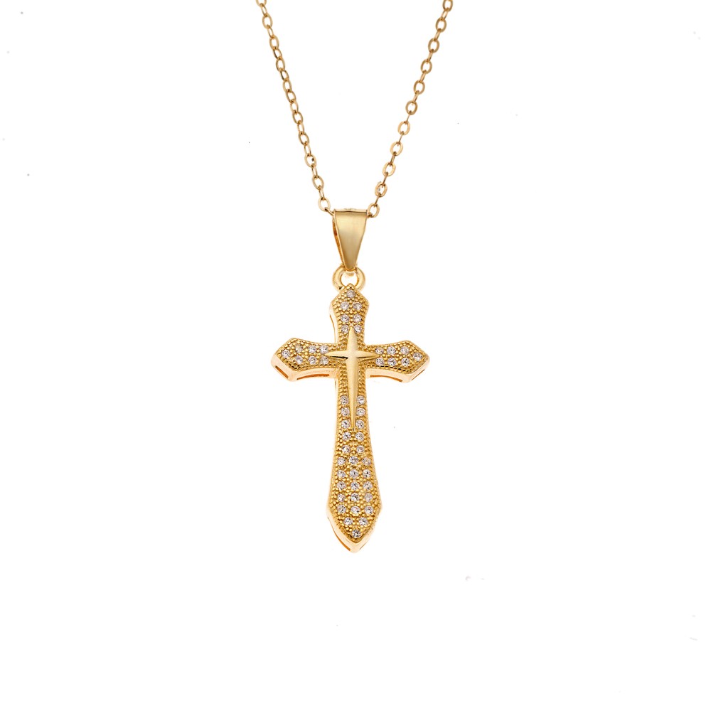 Κολιέ SENZA Gold Plated Ασήμι 925 Σταυρός με Ζιργκόν - SSR4404GD