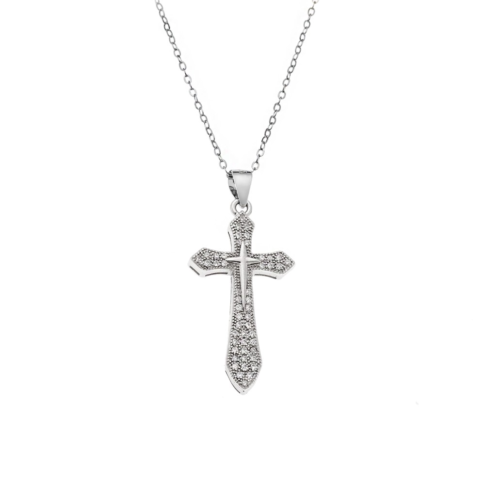 Κολιέ SENZA Rhodium Plated Ασήμι 925 Σταυρός με Ζιργκόν - SSR4404SR