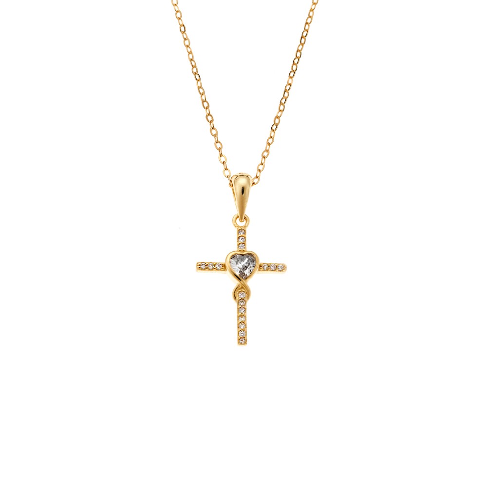 Κολιέ SENZA Gold Plated Ασήμι 925 Σταυρός Καρδιά με Ζιργκόν - SSR4409GD