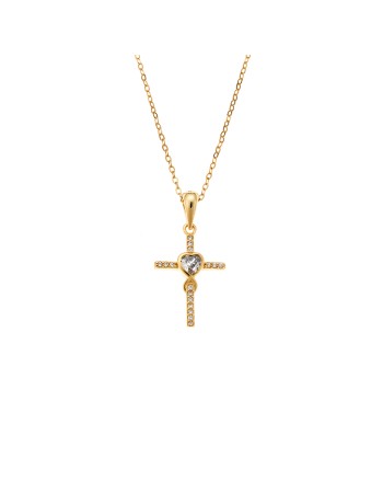 Κολιέ SENZA Gold Plated Ασήμι 925 Σταυρός Καρδιά με Ζιργκόν - SSR4409GD