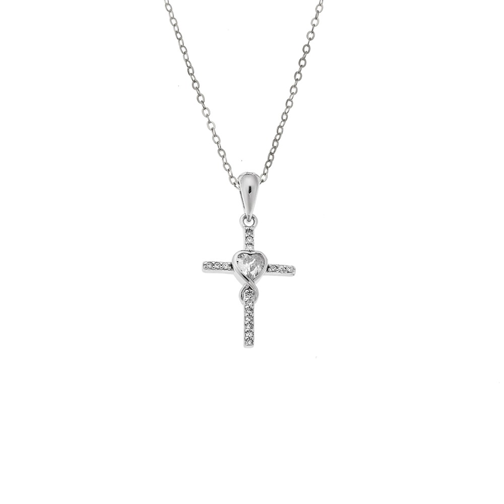 Κολιέ SENZA Rhodium Plated Ασήμι 925 Σταυρός Καρδιά με Ζιργκόν - SSR4409SR