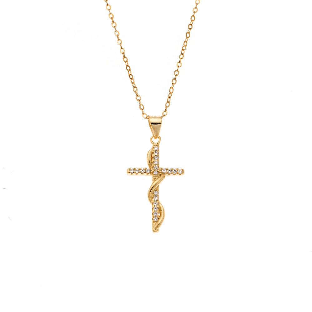 Κολιέ SENZA Gold Plated Ασήμι 925 Σταυρός με Ζιργκόν - SSR4410GD