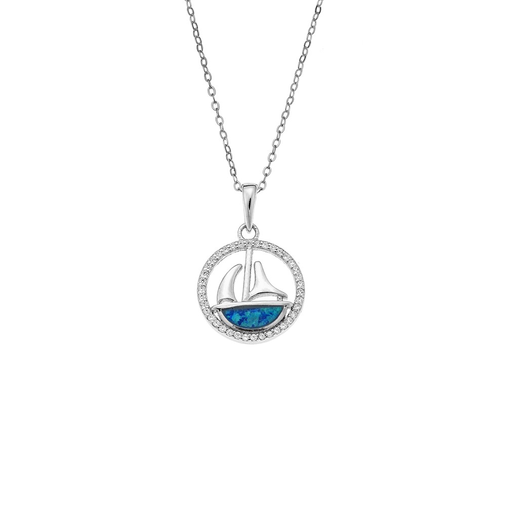 Κολιέ SENZA Rhodium Plated Ασήμι 925 Καράβι σε Κύκλο με Όπαλ - SSR4420SR