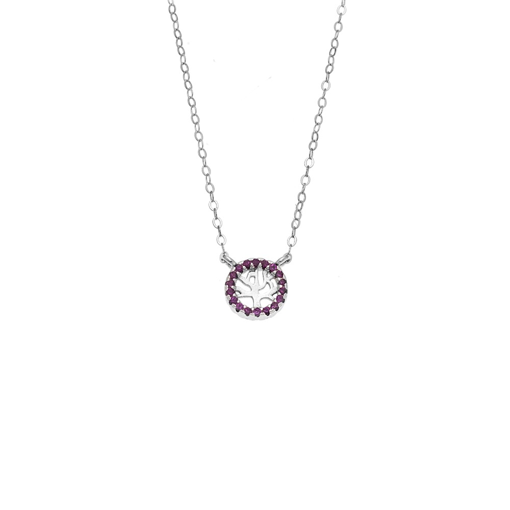 Κολιέ SENZA Δέντρο της Ζωής Rhodium Plated Ασήμι 925 Double Face Fouchsia - SSR4455SFU