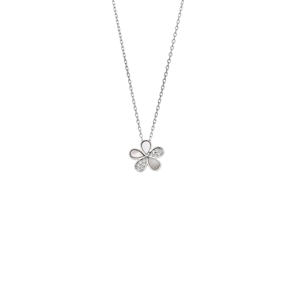 Κολιέ SENZA Λουλουδάκι Rhodium Plated Ασήμι 925 με Φίλντισι - SSR4481SR